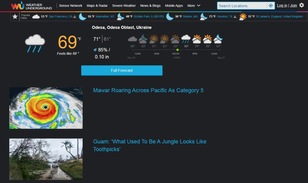 the landing page of the Weather Underground’s website