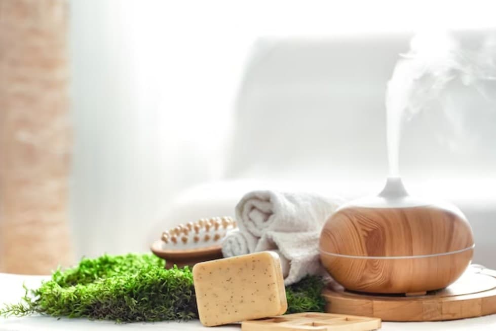 a spa composition with a modern oil diffuser and body care accessories