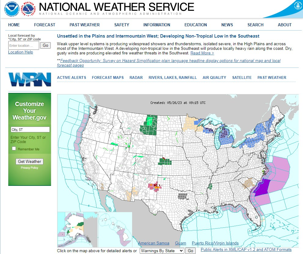 the landing page of the official website of the National Weather Service