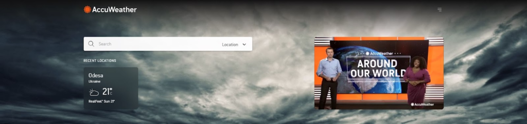 the top of the AccuWeather website with a dramatic sky background and a search box on the right
