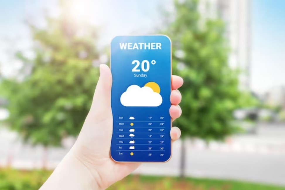 a weather forecast mobile application for a smartphone on the background of trees 