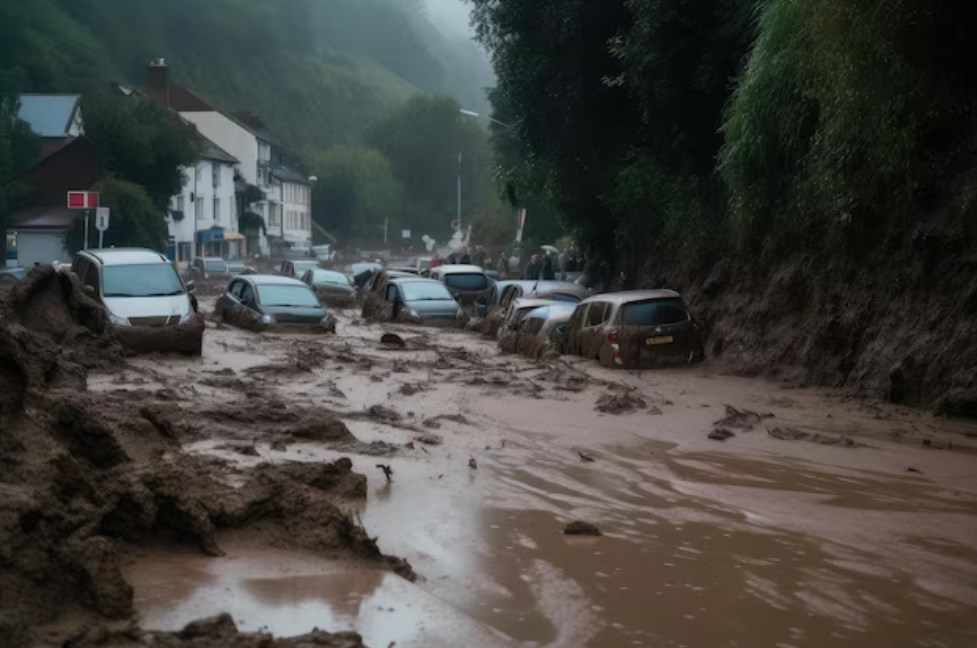 Alt: a landslide blocking the road with cars and people trapped in the mud