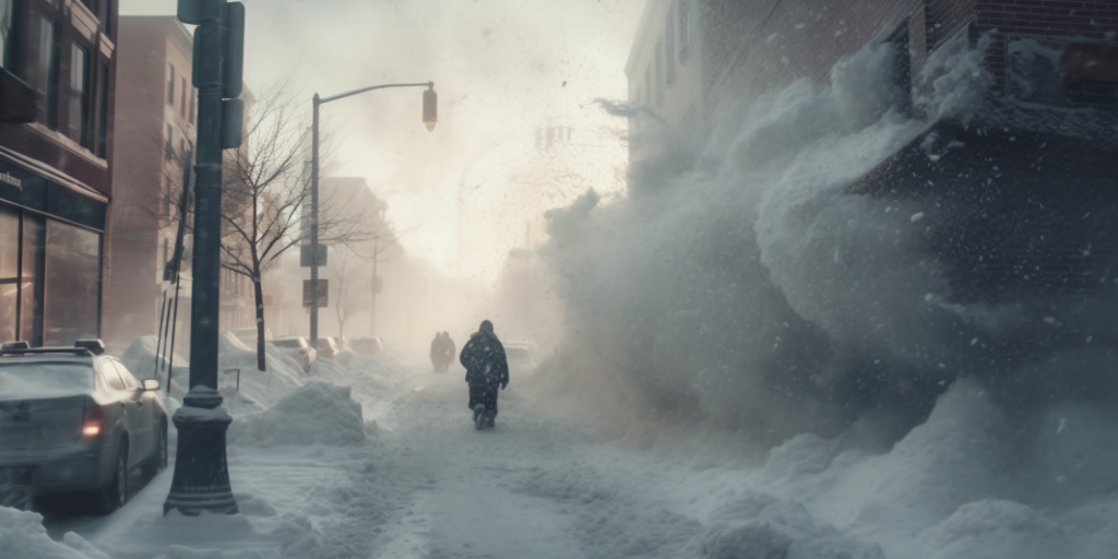 Snow-covered street with extremely low visibility