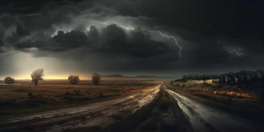 A deserted road under a dark sky with lightning