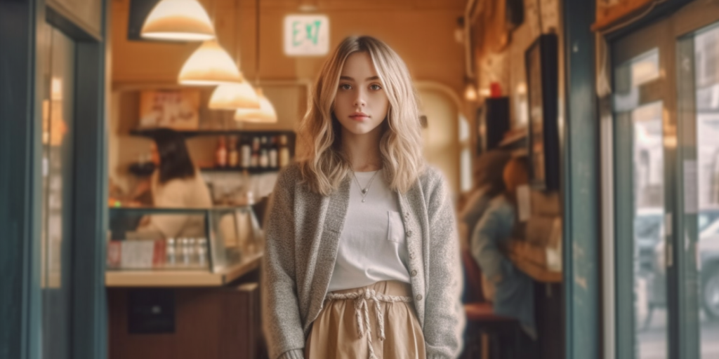 A woman wearing a cardigan standing inside a café.