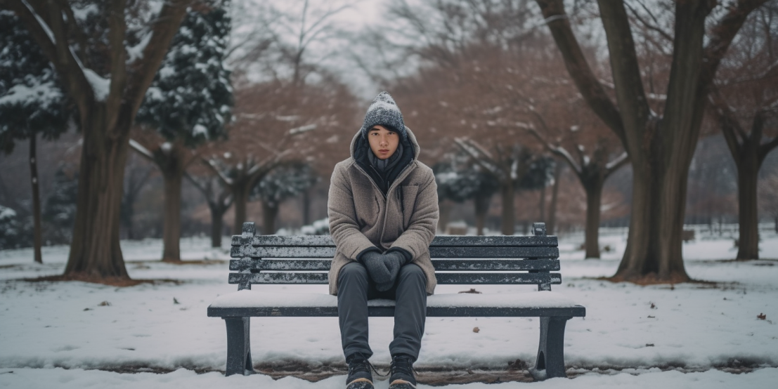 A man dressed in winter clothes sitting on a park bench surrounded by snow.