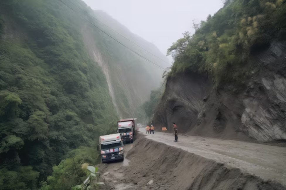 a landslide blocking a road with rescue vehicles on standby