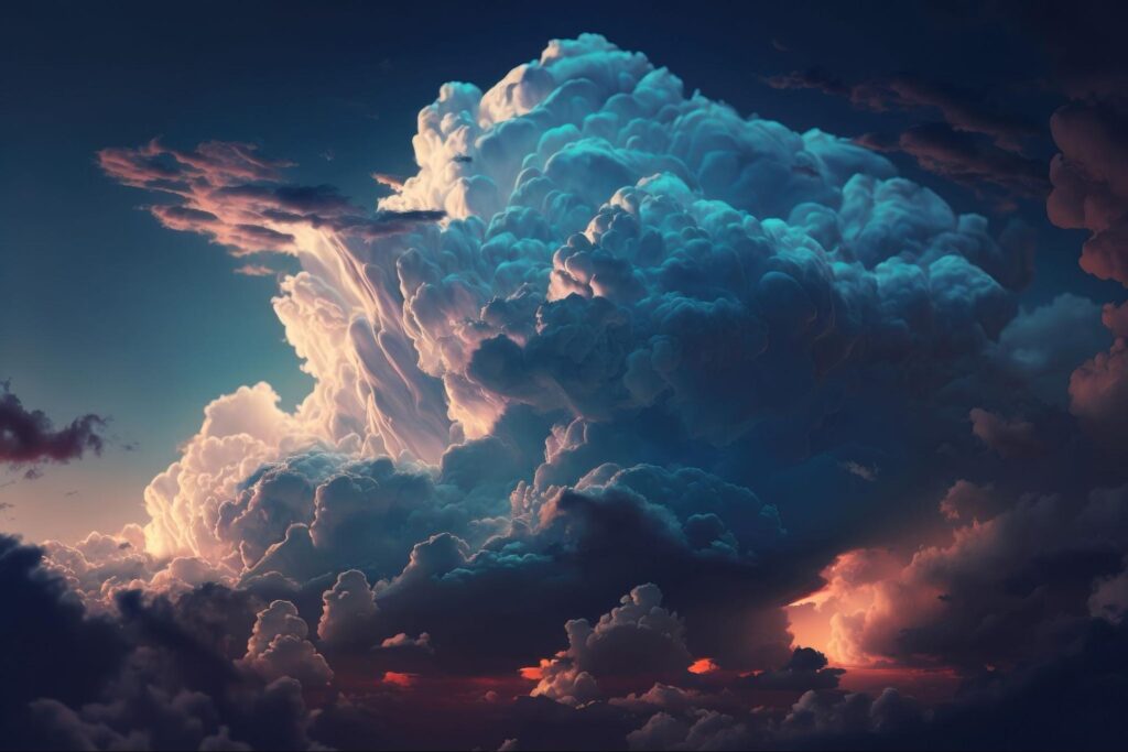 a beautiful cloudscape with blue sky and dramatic thick dark-blue and pink-red clouds