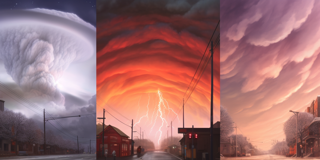 Collage of three images depicting different weather conditions in various places.