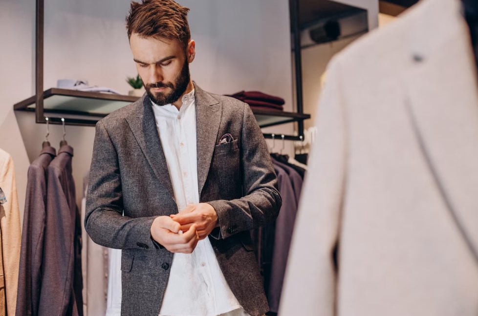 a young bearded man choosing clothes in a menswear shop