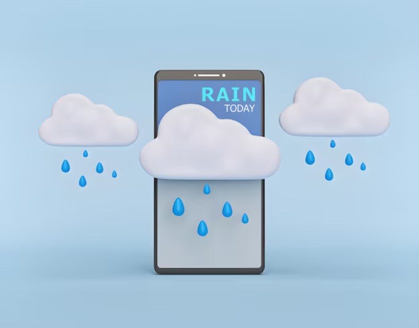 a cartoonish depiction of a smartphone with raining clouds around it and the “rain today” text on the display