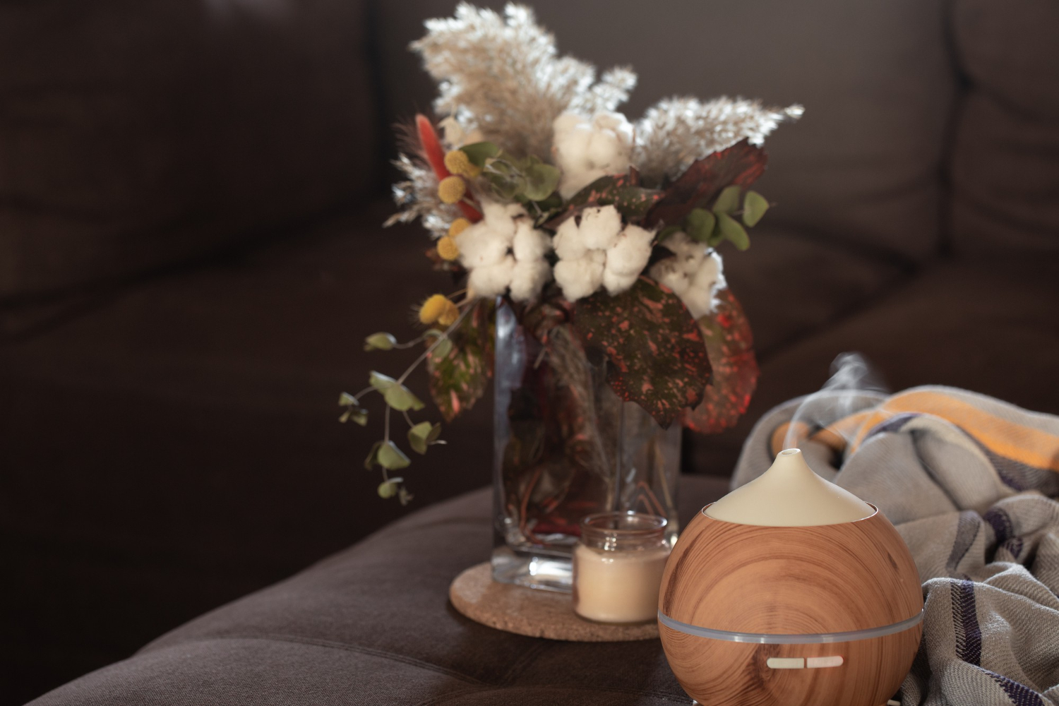 an aroma diffuser or a humidifier diffusing water or essential oil particles in the air in a room with a couch