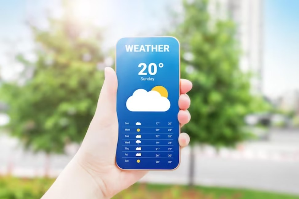 a weather forecast mobile application for a smartphone on the background of trees