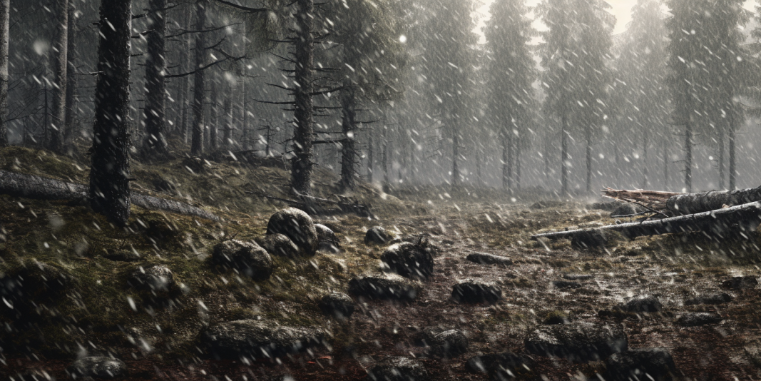 Dense foggy forest with trees during a hailstorm.