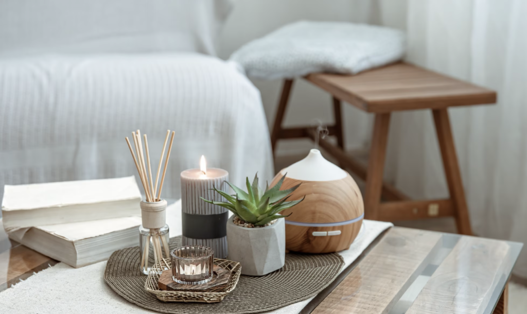 A humidifier stands among other home decor.