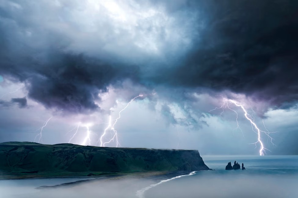 a stormy weather effects composition with lightning flashes and dark blue clouds